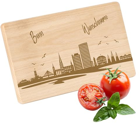 Gravur-Max Frühstücksbrettchen mit Skyline Gravur Bonn – personalisierbar mit Wunschname – Personalisiertes Holz Schneidebrettchen, 22x12x1 cm, Unbehandeltes Buchenholz – ideal als Geschenk