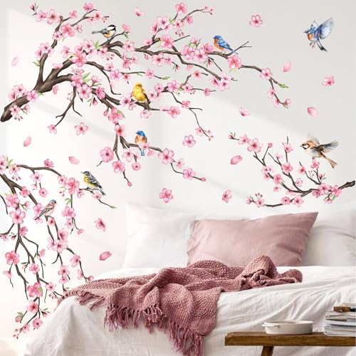 Fufuquare Vinyl Wandtattoo mit Rosa Kirschblütenbäumen Wandaufkleber mit Vögeln Abziehbar und Sofort klebbar Geeignet für Schlafzimmer Wohnzimmer und Badezimmer