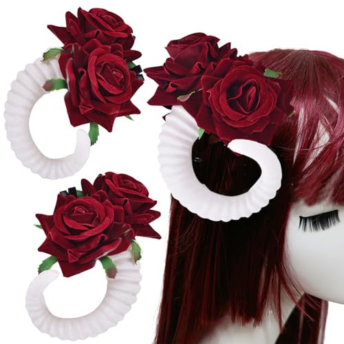 Devil Horn Hair Clips Gothic Rose Ram Barrettes Headpiece Horn Headband for Halloween Party Cosplay Costume Accessories (White)