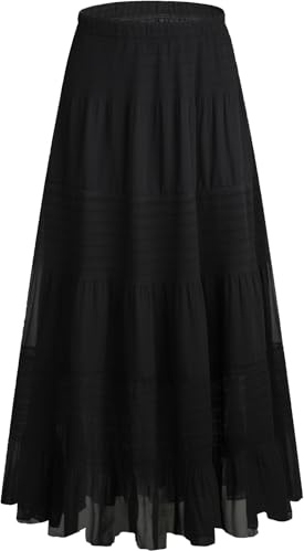 Genfien Women Skirts Elastic High Waist Maxi Chiffon Skirts for Women with Lining Summer Vintage Long Elegant A-Line Beach Skirt Black