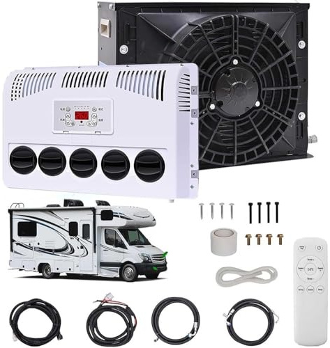 Air Conditioner Split Truck Cab DC Electric AC 12V 24V Air Conditioner for Semi Bus Caravan Mini Split RV Air Conditioner for Caravan Heavy Trucks Commercial Vehicles,Black,24V