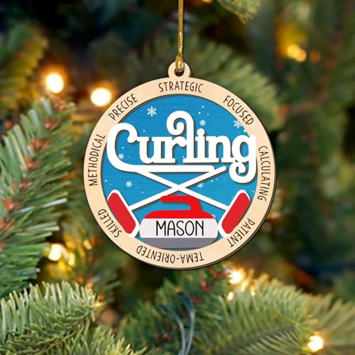 Curling Ornament, Curling Rock Stone Ornament, Curling Broom Sweeper Wooden Ornaments, Ice Sport Hanging Decor for Tree, Gifts for Curling Players, Lovers, Fans, Coach, Sports Keepsake for Men, Women