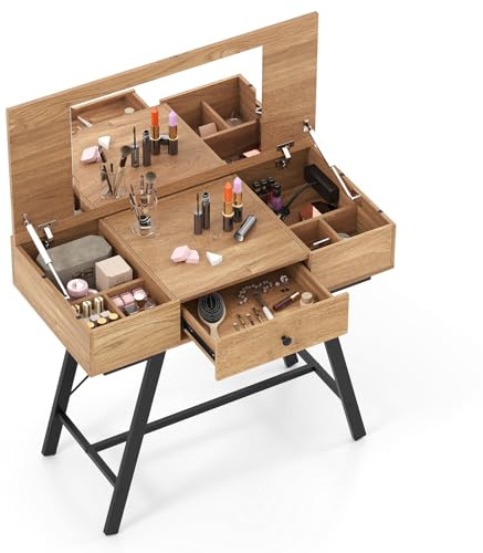 COSTWAY 2 en 1 Coiffeuse avec Miroir, Coiffeuse avec Rangement, Station de Charge, Plateau Rabattable, 6 Compartiments, Tiroir, Table de Maquillage pour Chambre Salon (Naturel)