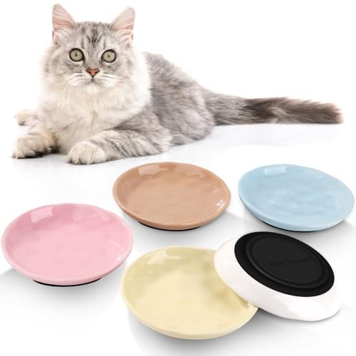 Ezvsevuo 5 Piezas Comedero Gato Ceramica, Cuencos Gato con Base de Silicona Antideslizante, Cat Feeder Colorido Aliviar la Fatiga de la Barba, Comedero para Perros Gatos