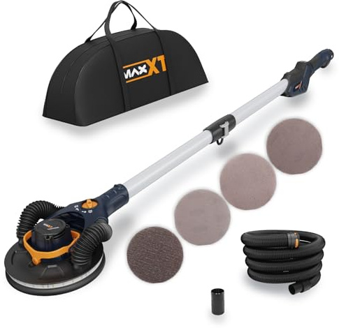 MAXXT Ponceuse à Sec Sans Balais - Orbite 4mm, Double Canal avec Adhésion au Plafond, Mode Simple/Double pour Murs & Plafonds, 4000-8500 tr/min, LED, Pliable, 400W, Manche 1,65M, Plateau 215mm