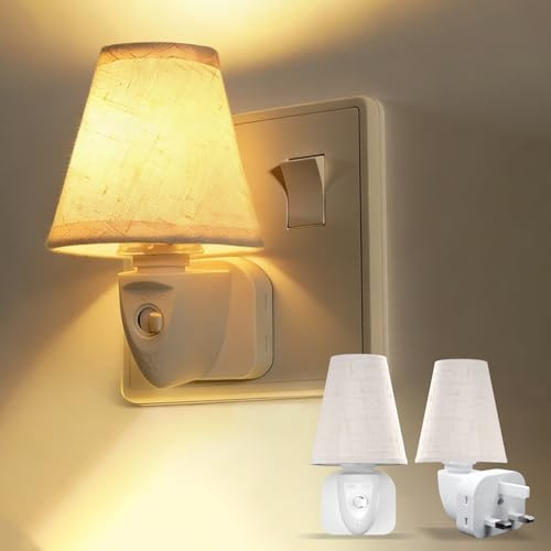 BrightWish 2-Pack Vintage Night Light Plug in Wall, Decorative Night Lights with Linen Fabric Lamp Shade, Switch & Replaceable E14 Bulb, 2200K Soft Warm Nightlight for Bedroom, Nursery & Hallway