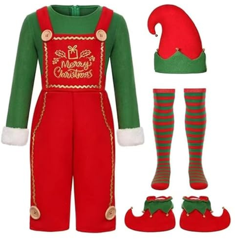 Costume Lutin Noël Homme 4 PCS, Déguisement Lutin Deluxe pour Homme Elfe de Noël, Combinaison Adulte de Noëls en Polaire + Chaussettes + Chapeau + Chaussures, Tenue Christmas Spectacle Cosplay S-XXL