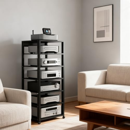 HiFi Rack AV Shelf Audio Rack, CD Record Player Stereo Receiver AV Equipment Cabinet Display Stand, 7-Tier Entertainment Stereo Component Cabinet(Black)