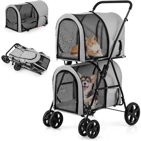 GYMAX 2 Etagen Hundebuggy, Katzenwagen für 2 Katzen/Hunde, Hundewagen mit 2 abnehmbaren Hundebox, Netzgewebe & 360° Drehrädern, faltbar Haustierwagen bis 16kg (Grau)