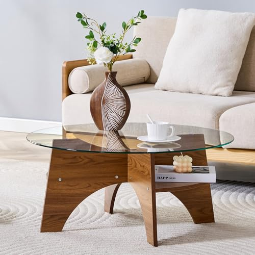 EURHCIO Table Basse Ronde Verre 80x80x36cm,Table D'appoint avec Conception à Espace de Stockage sectoriel,Base Robuste en MDF,pour Bout de Canape,Bureau,Salon(E-Noyer)