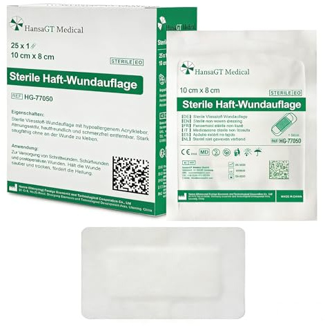 HansaGT Medical Steril Wundpflaster 10cm x 8cm, Steriler Wundverband für sensible Haut, Sensitiv & Selbstklebend Schützt bei Schnittwunden Kratzern zur äußeren Einzeln verpackt 25 Stück