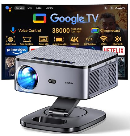 【1500 ANSI/Google TV/Auto Focus】 XIWBSY Videoprojecteur 4K Supporté, 38000 Lumen FHD, 360° Rotation, Projecteur Video 4K Contrôle Vocal, Retroprojecteur WiFi6 Bluetooth 5.3
