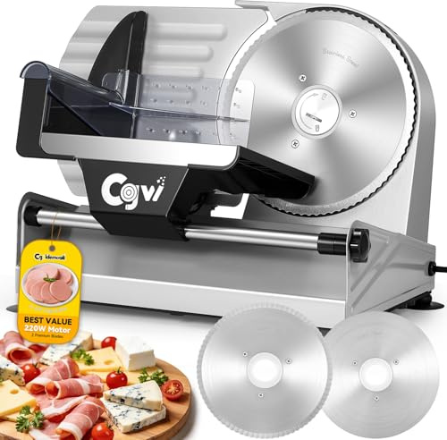 CGOLDENWALL Cortafiambres Eléctrico 220W – Grosor Ajustable 0‑20 mm, 2 Cuchillas Acero Inoxidable 19 cm (Lisa y Dentada), Cortadora para Carne, Verduras, Queso y Pan, Seguridad con Empujador(Plateado)