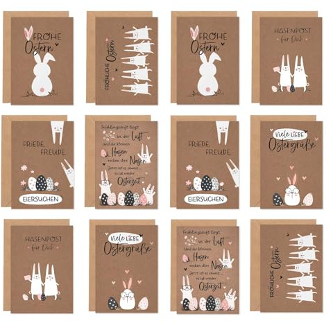 12-teiliges Osterkarten Set mit Umschlag, Süße Hasen Motive, Ostergrußkarte für Junge und Mädchen, Karte Ostern zum Verschenken, Frohe Ostern Geschenkideen, Klappkarten Handgemalt Design