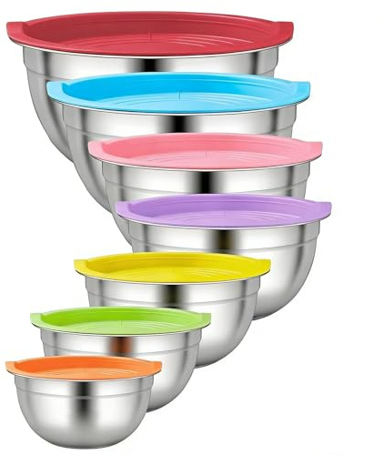 Yeqqzq Mixing Bowls Set of 7 with Lids, Stainless Steel Nesting Salad Bowls | Size 6.3, 5.2, 4.1, 3.1, 2.3, 1.6, 1.3L,Colorful, Ideal for Kitchen Cooking & Baking & Serving & Preparing Food Storage