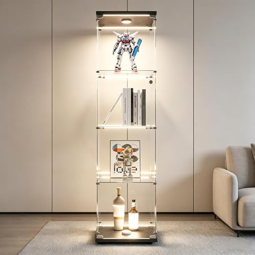 Vetrina in vetro a 4 livelli per collezione con LED, vetrina moderna con 4 ripiani e 1 porta, armadio da collezione verticale per collezione su piedistallo vetrina da parete in vetro (nero-2B