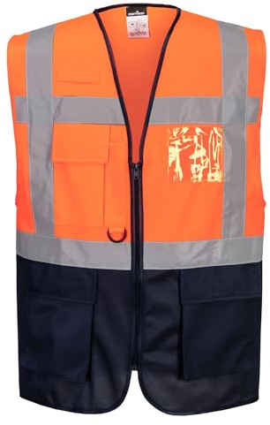 Portwest C476 Warsaw Executive Hi Vis Vest with Pockets and Zip Mens Reflective Safety Gilet Hivisible Workwear Polyester Construction Roadwork Warehouse Site Highways, Orange/Navy, M