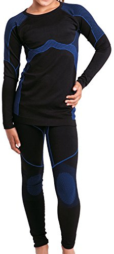 Gomati Set di Biancheria Termica, Funzionale e da Sci da Bambina e Bambino - Maglia e Pantalone - Senza Cuciture fastidiose - qualità celodoro - Diversi Colori (7-9 Anni (DE 134/140), Nero/Blu)