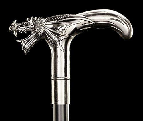 Figuren Shop GmbH Spazierstock mit Drache aus Metall | silberfarben Länge: 88,5 cm Gothic Steampunk Accessoire Festival