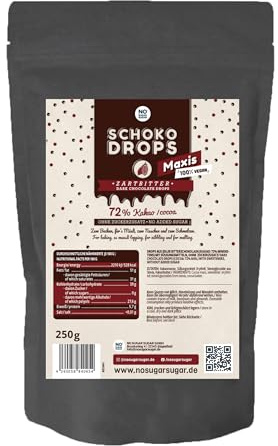 NO SUGAR SUGAR 250g Zartbitter Schokoladendrops mit 72% Kakao Anteil. Hergestellt ohne Zuckerzusatz, gesüßt mit Erythrit und Stevia