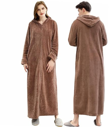 Oksun Womens Dressing Gown Full Length Hooded Robe Fleece Winter Warm Soft Bathrobe, Hood-brown, UK10-14(label L)