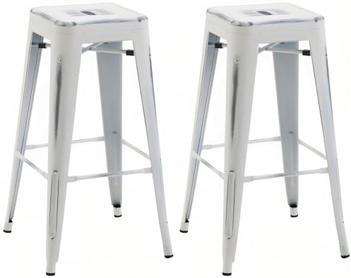 CLP Lote de 2 taburetes de Bar Joshua I Taburetes de Bar apilables de Metal I Taburetes de Bar con reposapiés I Altura del Asiento 76 cm I Taburete apilable, Color:Blanco Envejecido