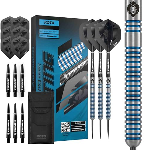 KOTO - Sting Blue Electro 90% Darts, 22G-24G, Blau, Dartpfeile, Darts Set inkl. 3 Barrels,Flights + Shafts & Dartwallet, Fester Ringgrip | 24 G Steeldart Pfeile, Inkl. 3 Barrels, 2 Sets KOTO Flights & Shafts, Inkl. Dartwallet, Fester Ringgriff