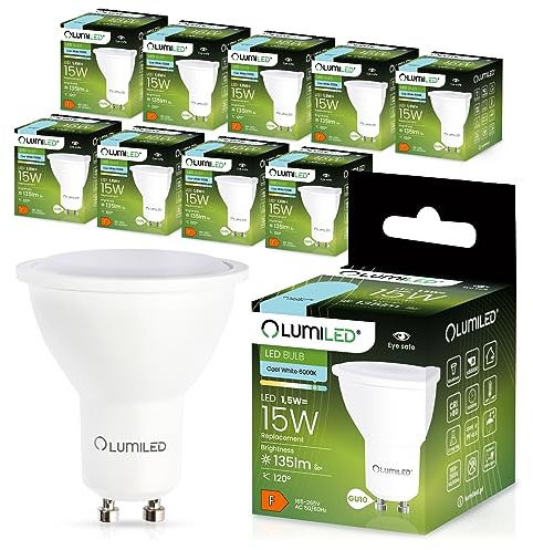 Lumiled GU10 LED 1.5W 135 Lumen Leuchtmittel, 6500K kaltweiß Birne Lampe Strahler Spot, ersetzt 15W 120° Grad Strahlwinkel Reflektorlampen Reflektor 10 Stück Energiesparlampen