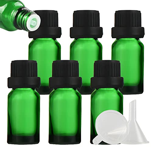 ZEOABSY 6 Stück Leer 10ml Braunglas Flasche mit Tropfmontur Originalitätsverschluss, Tropfflasche Grün mit Schwarz Schraubverschluss Glasflaschen für Ätherisches Öle Essenzen Aromatherapie