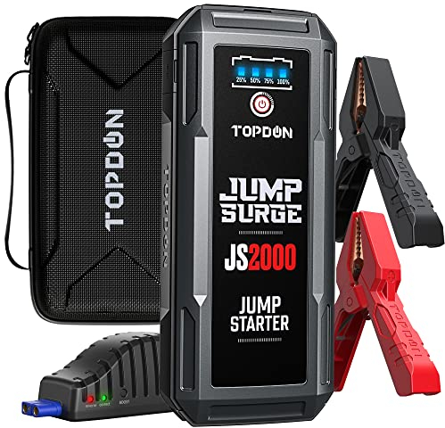 TOPDON JS2000 Starthilfe Powerbank, Jump Starter Auto Batterie Booster für bis zu 8L Benzin&6L Dieselmotoren, Auto Starter Powerpack PKW/Kfz mit Starthilfekabel/Eva Tasche/Eingebaute LED, 16000mAh