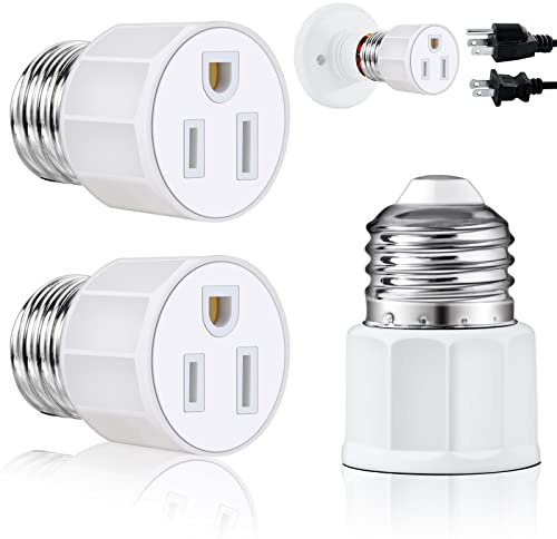 3 Prong Light Socket to Plug Adapter - E26 E27 Light Socket to Plug Adapter - Polarized Light Bulb Plug Adapter, 2/3 Prong Outlet Socket Splitter Convert for Garage Porch Camera (2, White)