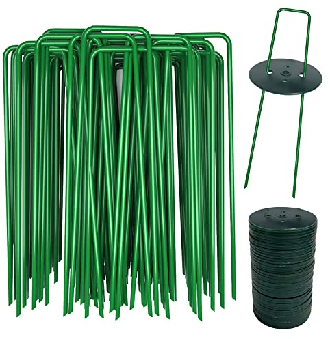 AGAKY Picchetti Telo Pacciamatura, 40 in Acciaio Verde e 40 Rondelle, Chiodi per Prato Sintetico, Giardino, Erba, Irrigazione, Rete, Serra, 150 x 25 mm, Ø 2,8 mm