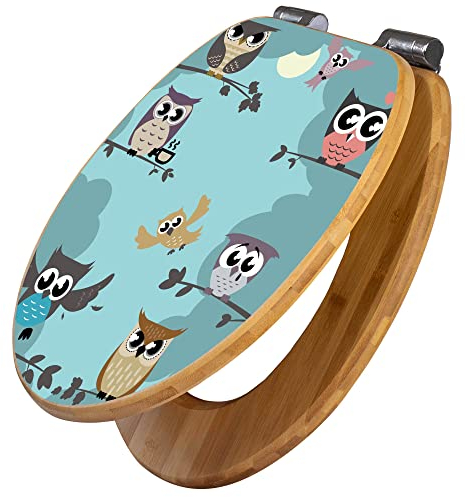 banjado Design WC Sitz Bambus Absenkautomatik 45,8x37,5cm / Toilettendeckel mit Absenkautomatik Holz/hochwertiger Bambus Klodeckel/WC-Sitz für gängigen Toiletten/Motiv Acht Eulen