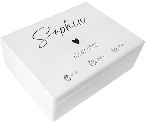 Creative Deco Weiße Erinnerungsbox Baby Personalisiert Herz mit Namen | 40 x 30 x 14 cm | Individuelle Erinnerungskiste Geschenk zur Geburt für Mädchen und Jungen | Holzkiste mit Deckel | Farbdruck