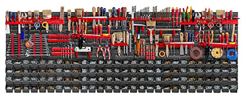 KADAX Werkzeugwandregal Groß, 232x78cm Lagersystem aus robustem Kunststoff, UV-Resistentes Modul-System, Erweiterbare Wandplatten, Werkstattregal für Garage (Rot&Schwarz, 162 tlg.)