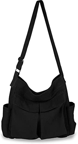 BROADREAM Canvas Messenger Bag - Kuriertasche aus Leinenstoff mit groß Fassungsvermögen, Hobo Crossbody Bag mit Mehreren Taschen für Herren und Damen Arbeit Schule Shopper Lässige täglich,Schwarz