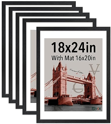 VCK 18x24 Frame Black 5 Pack-with Mat 16x20, Solid Wood Picture Frame with Polished Plexiglass, Horizontal & Vertical Wall Mounting Hardware