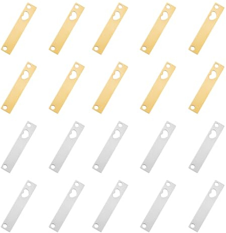 DICOSMETIC 20 Stück 2 Farben Metall Gravur Rohlinge Edelstahl Rechteck Anhänger Herzförmiger hohler Anhänger 25x5mm Gold Silber Edelstahl Anhänger für Die Schmuckherstellung, Bohrung: 1.6 mm