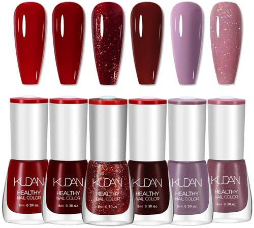 Red Nail Polish Set, 6Pcs Burgundy Purple Glitter Nail Varnish, Quick Dry & Long Lasting Nail Gel - Non-Toxic Water Based Shimmer Nail Polish Gel for DIY Nail Art at Home - Red Purple