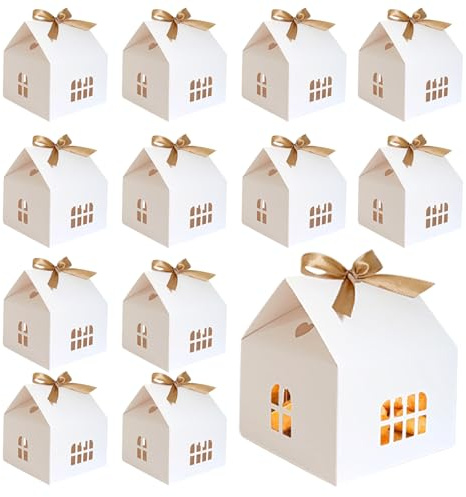 Pesoncarl Leckerli-Boxen, Bäckerei-Boxen, Keksbehälter, hausförmige Geschenkboxen, Keksboxen mit Schleifenbändern, Kraftpapier, Keksboxen für Geburtstag, Weihnachten, Party, Weiß, 12 Stück