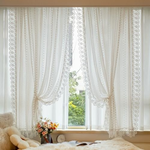 Yaland Stickerei Scheibengardine Elegante Gardine mit zarten Floral Kante Landhausstil Bistrogardine mit Kräuselband 1 Stück Weiß HxB 120x160cm