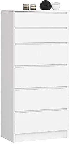 AKORD Cassettiera K60 con 6 Cassetti | Credenza Alta | Moderna Mobiletto per Soggiorno Sala da Pranzo Camera da Letto Corridoio Bagno | Armadio Cameretta | 60x130x40 cm, 43kg | Bianco