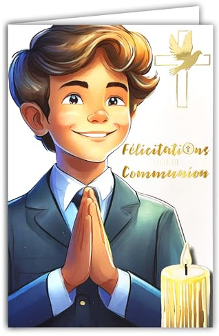 68-6005 - Tarjeta de felicitación para tu comunión en oro dorado brillante con sobre de 12 x 17,5 cm para joven chico cristiano católico en traje de ceremonia vela cruz paloma paz fabricación francesa