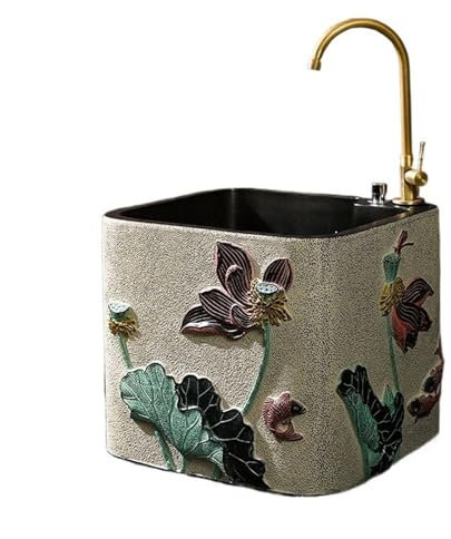 Lavandino per mop Lavandino Lavello quadrato con rilievo di loto, lavello vintage da appoggio, lavabo in resina, stazione for il lavaggio delle mani con drenaggio One Touch, for uso interno ed esterno