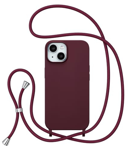 ZTOFERA Handykette Hülle Kompatibel mit iPhone 15, Liquid Silikon Handyhülle mit Umhängeband, Schutzhülle mit Band Kordel zum Umhängen Necklace Hülle für iPhone 15, Weinrot