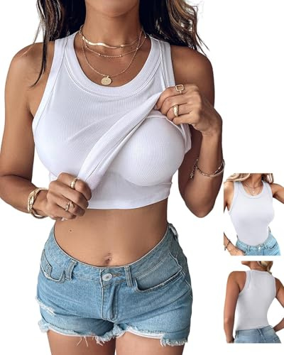 CHICME Women Built-in Bra Tank Tops Sleeveless Casual Shirts Racerback Ribbed Tank Tops White-XXL