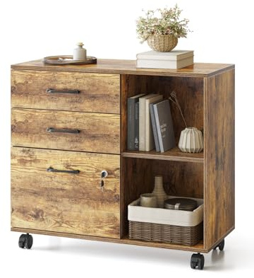 FEZIBO Rustic Brown Home Office Filing Cabinet with Lock, Printer Stand with Drawers, Movable Lateral File Cabinet, Open Storage Shelves