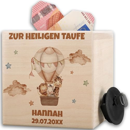 Holz - Spardose Taufe Safari Tiere I Geschenk Zur Taufe Mit Namen I Taufgeschenk Personalisiert I Geschenk Taufe Junge Mädchen I Personalisierte Sparbüchse Taufe - 10x10cm - Holz - taufspardose