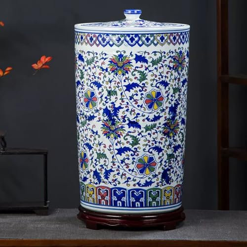 YUGXTH Ceramic Rice Bucket, Ceramic Rice Cylinder with Lid, Chinese Sealed Large-Capacity Rice Pot, Food Dispensers Rice Cylinder, for Noodles Rice Snacks(20kg-A)