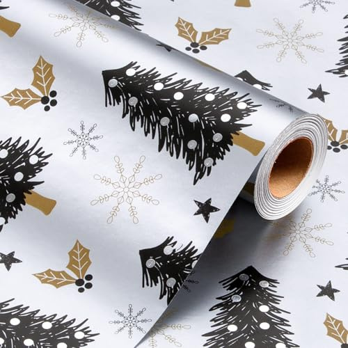 Wikadlik Reversibles Weihnachts-Geschenkpapier - Luxuriöses Weihnachtsbaum und goldener Schneeflocken-Beeren-Design Silber Geschenkpapier - 43cm x 10m